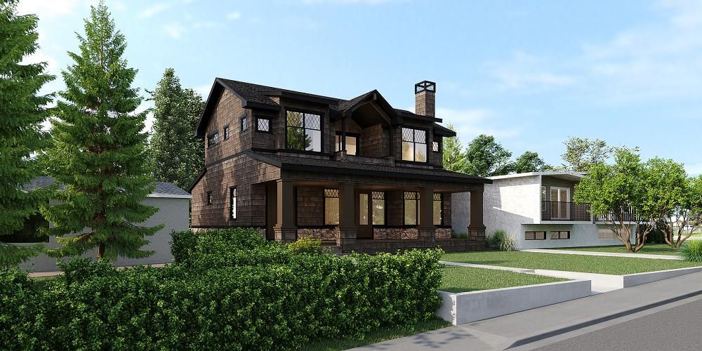 A digital rendering of a two-story brown brick house with a front porch, surrounded by green hedges and trees.