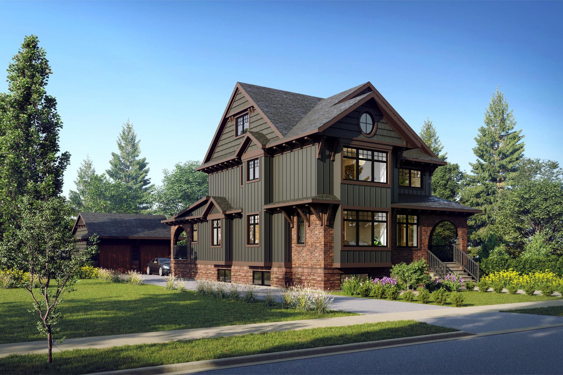 A two-story house with dark gray vertical siding and brick foundations, set among green trees under a bright blue sky.