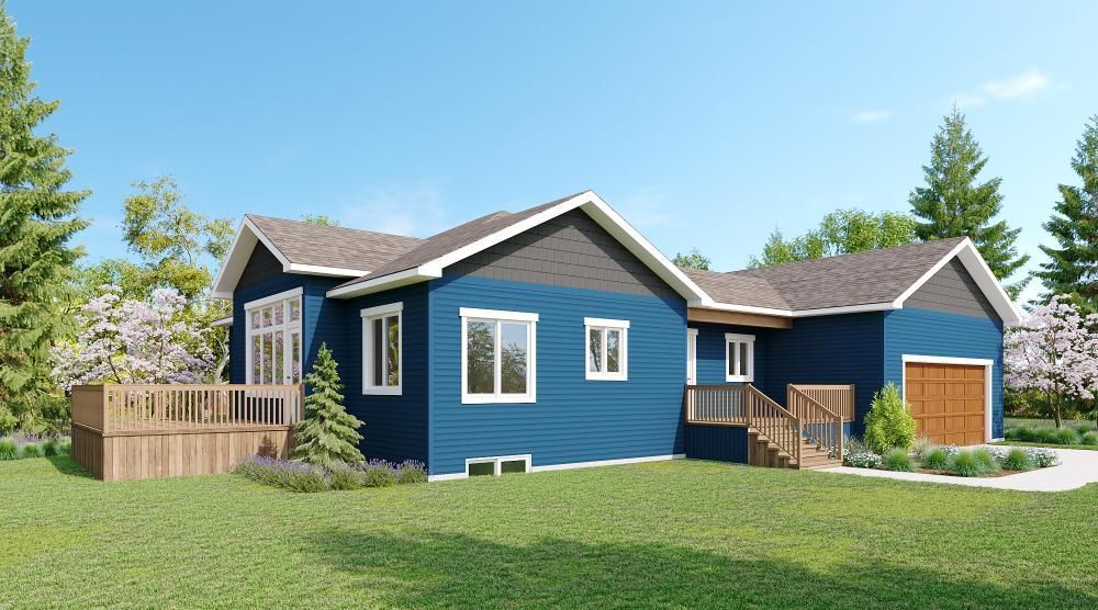 A blue single-story suburban house with a brown garage door, wooden deck, and grey roof surrounded by trees and a lawn.
