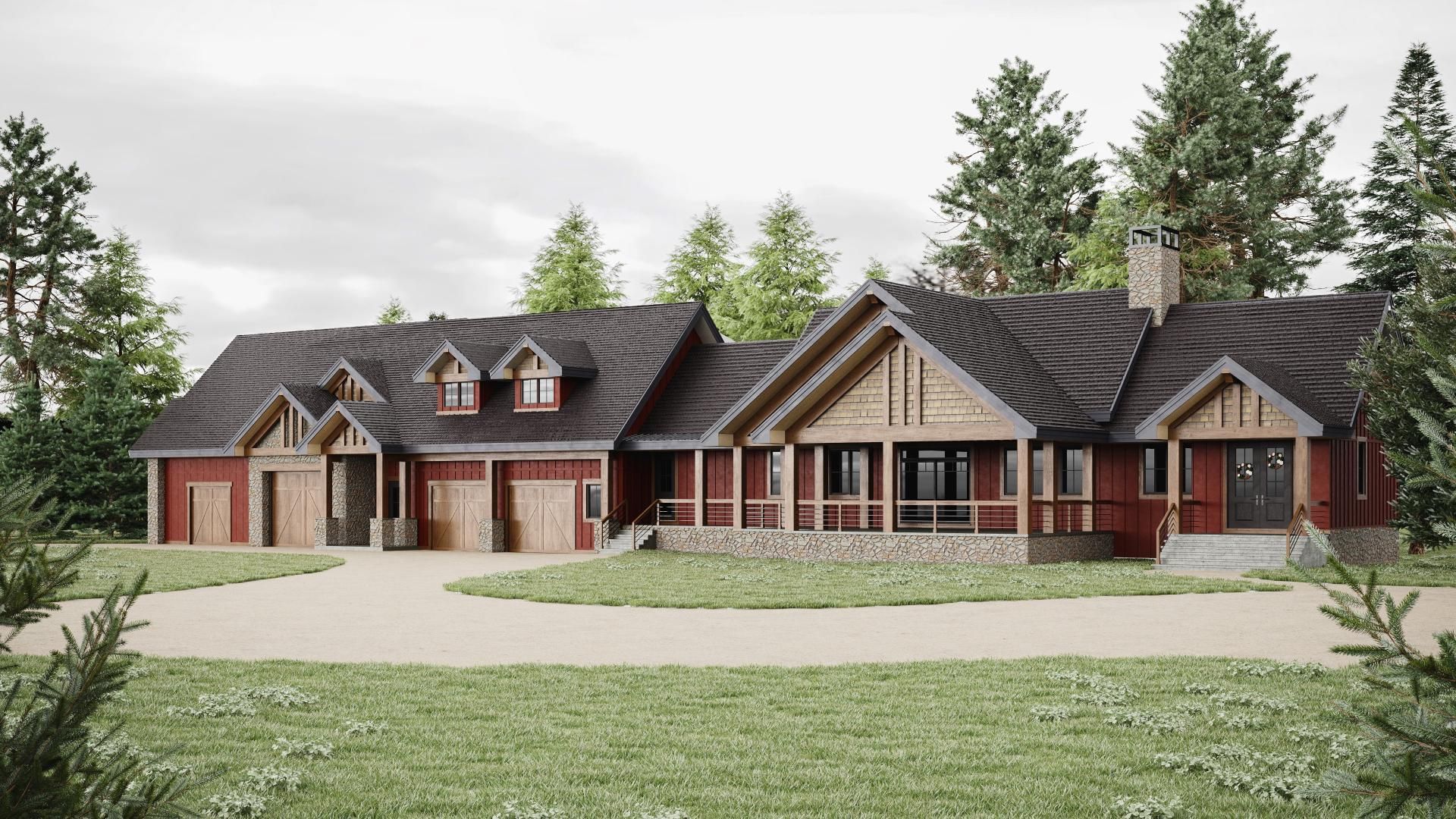 A large, single-story red cabin with a dark shingled roof, stone foundation, and multiple garage doors in a forest.