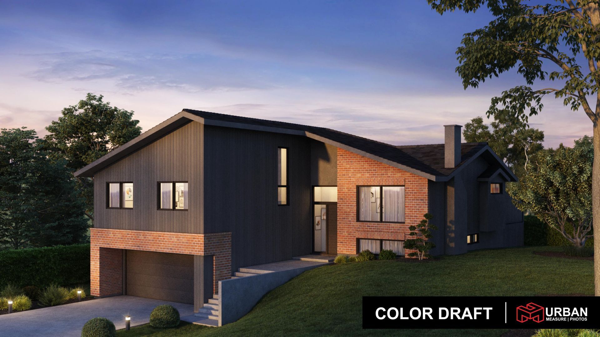 A modern two-story home with dark vertical siding and a brick lower level, set on a grassy hill during sunset.