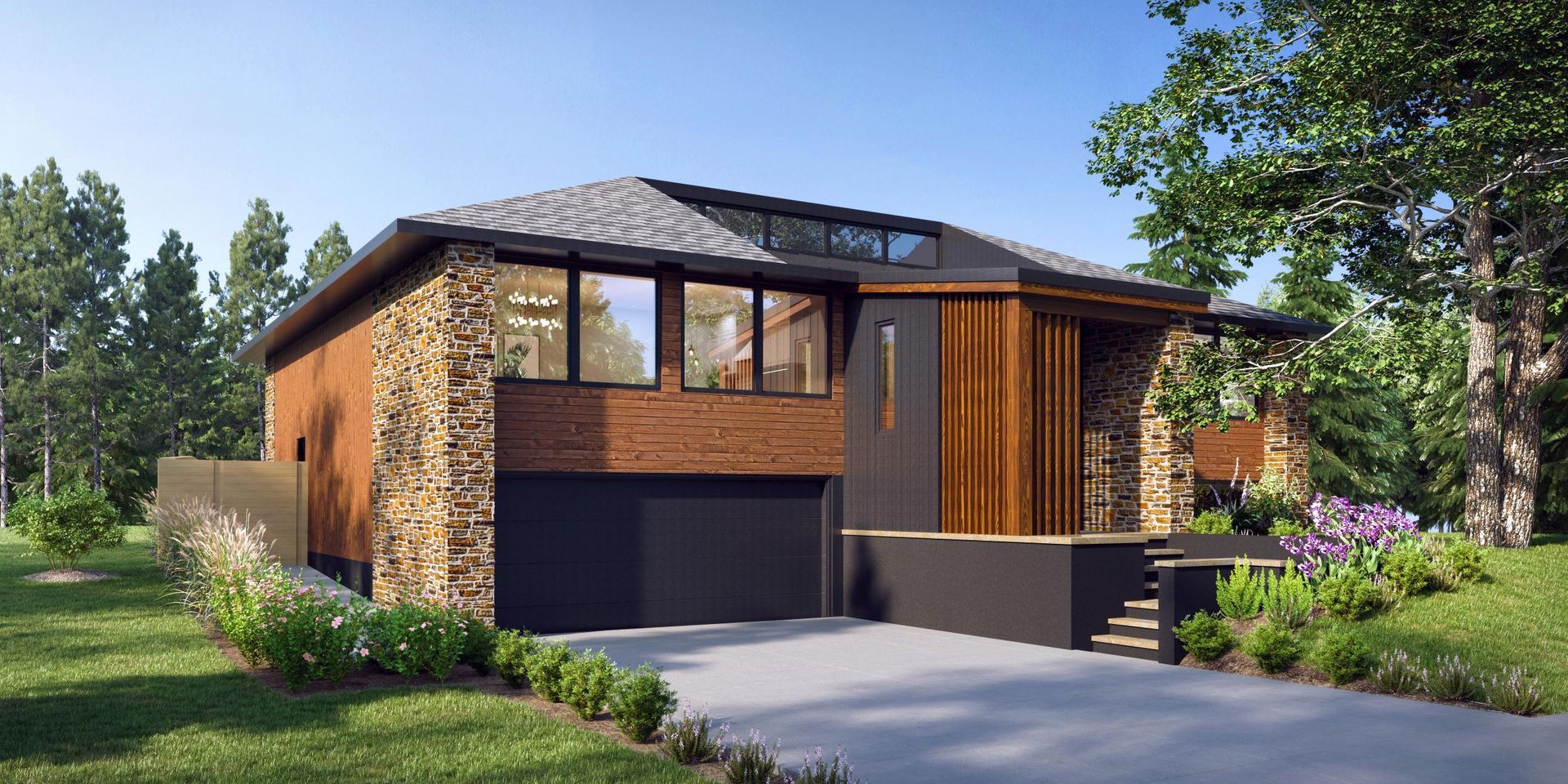 A modern house exterior featuring a brick and stone facade, dark garage door, a front entrance, and a sloped driveway.