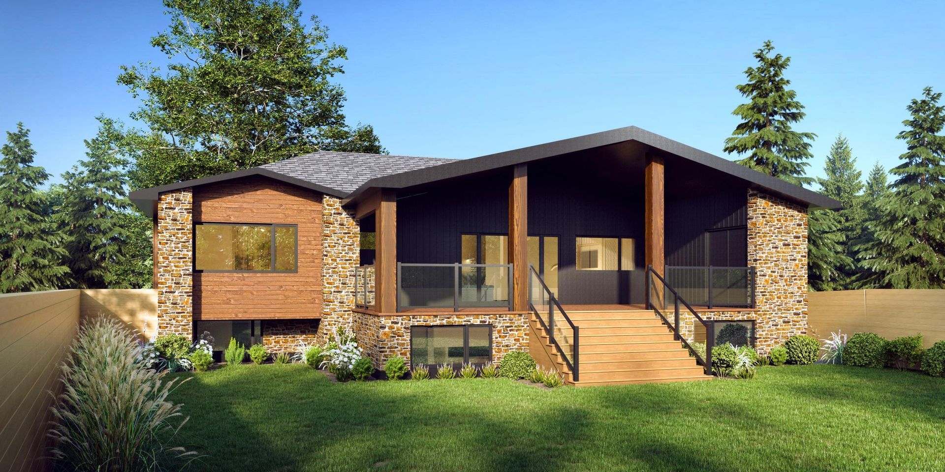 A modern house with stone and dark wood siding features a deck with stairs, large windows, and a grassy backyard.