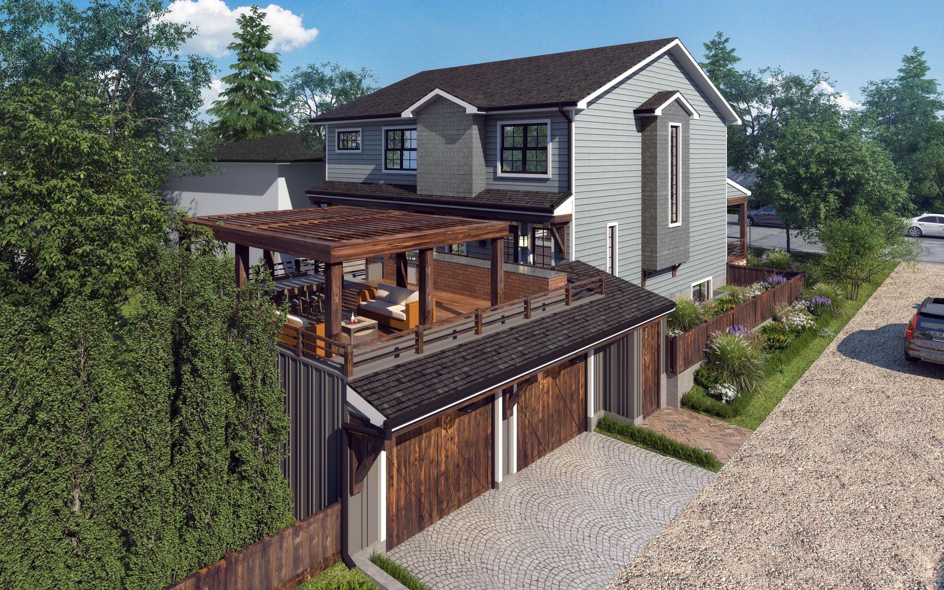 A 3D architectural rendering of a two-story gray house with a wood-accented garage, a rooftop pergola, and a gravel driveway.