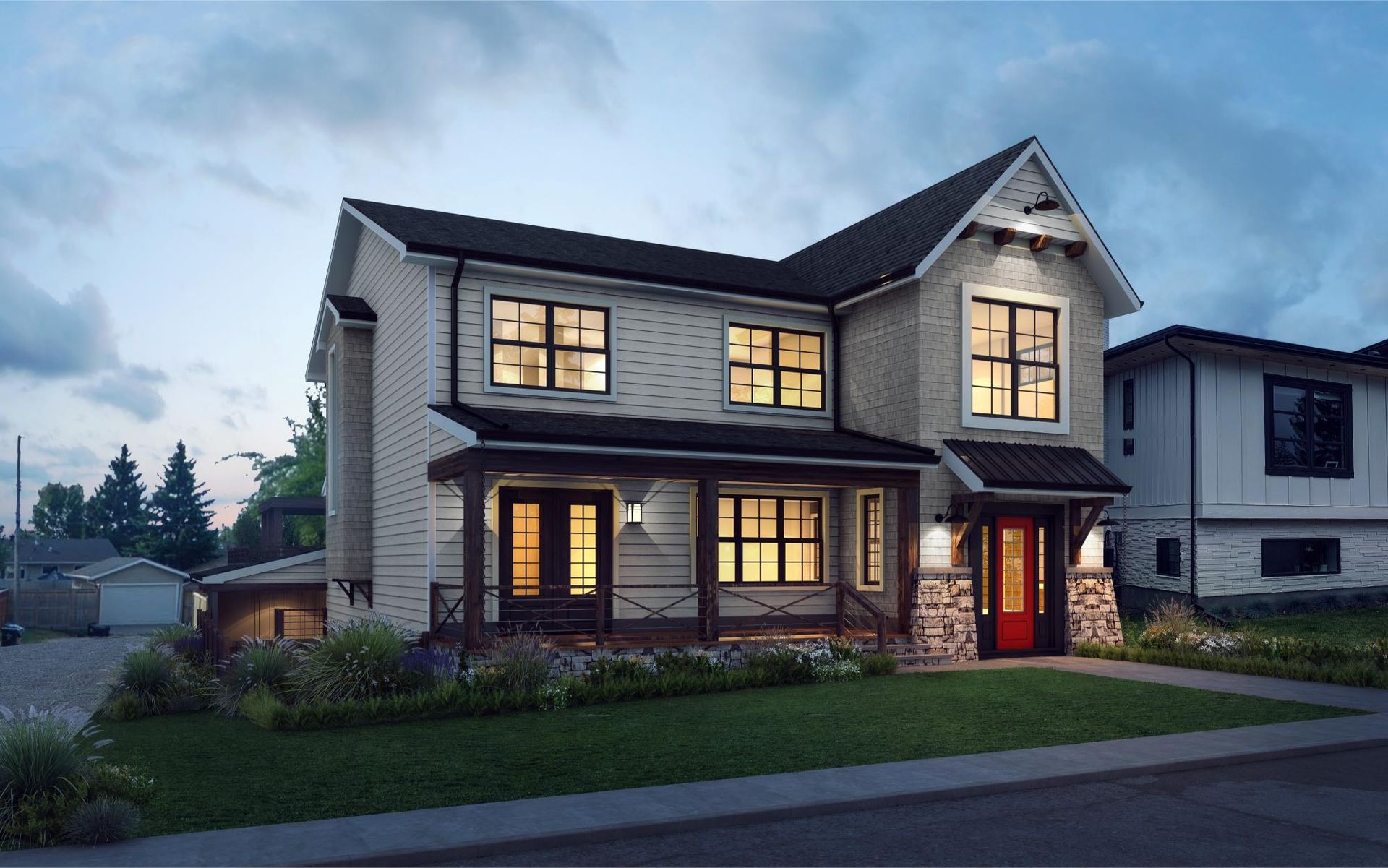 A two-story house with white siding and stone accents, featuring a covered porch, dark roof, and a red front door at dusk.