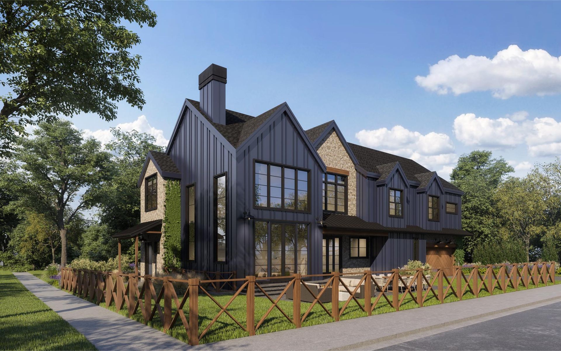 A modern two-story home with dark metal siding and stone accents, surrounded by trees and a wooden fence.