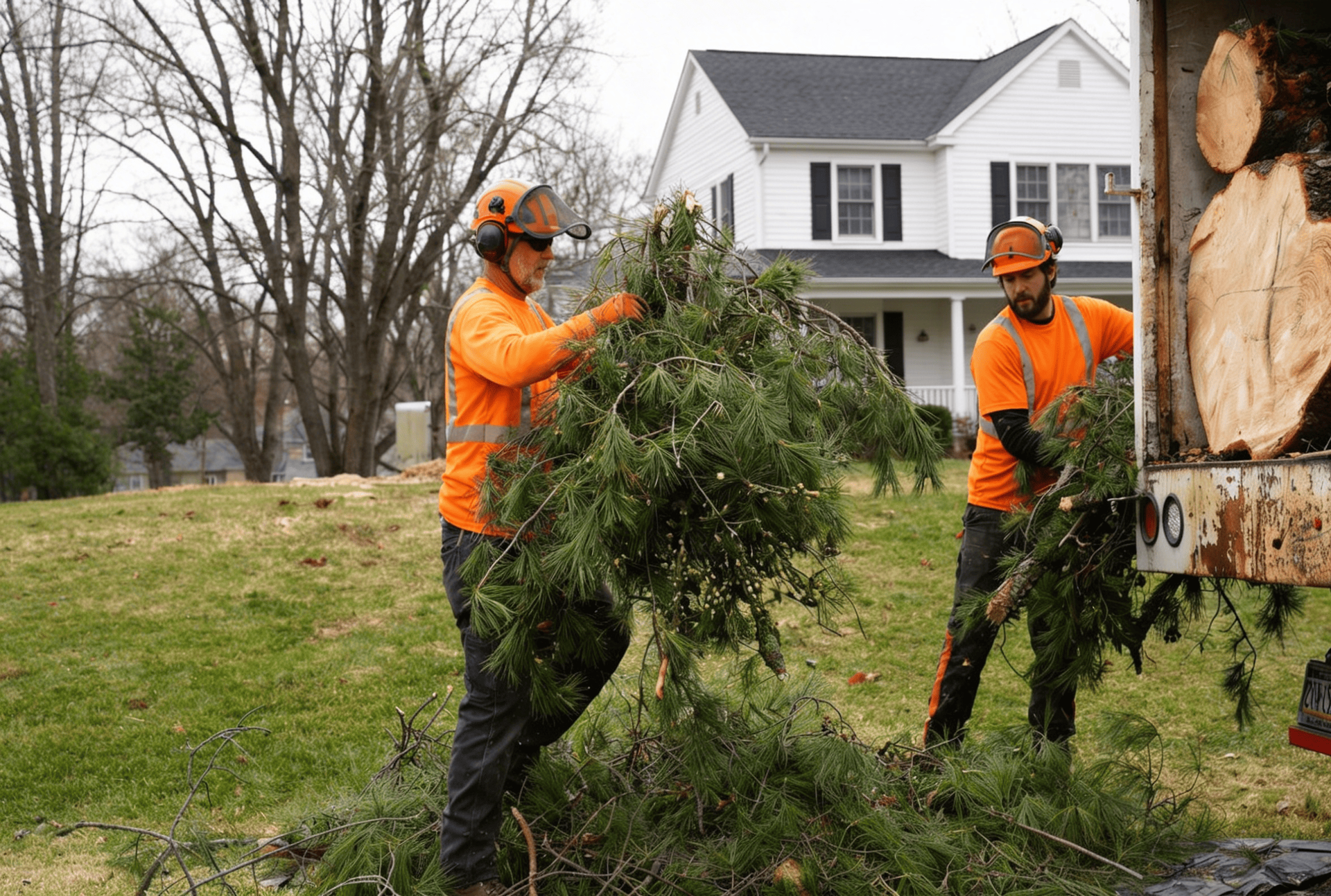 Two tree service workers in bright orange shirts and safety gear load branches into a truck in front of a white house.