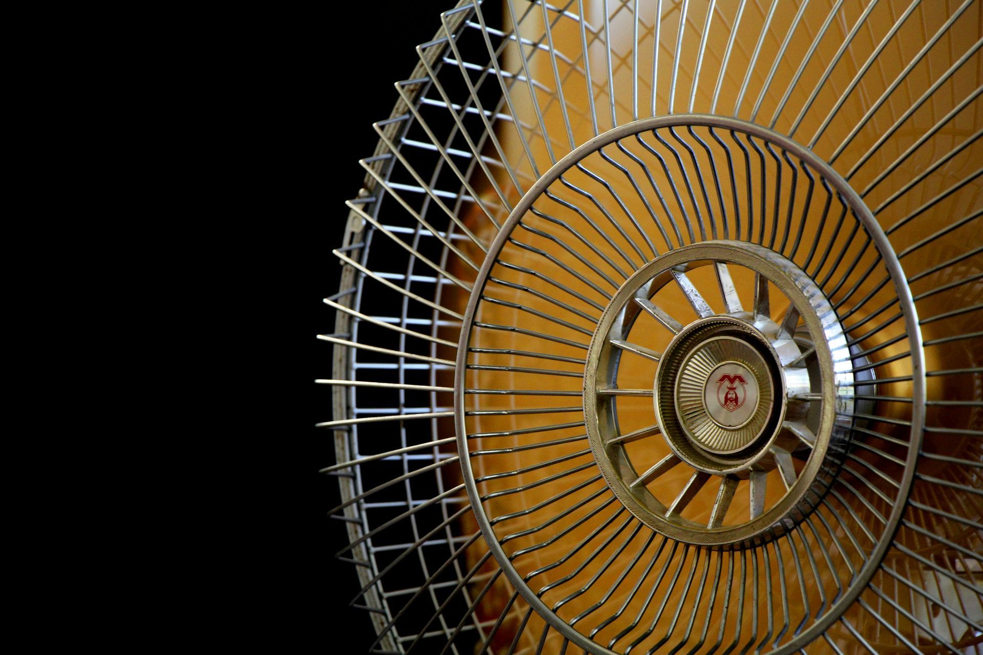 A close up of a fan with a black background