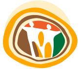 Two stylized figures with outstretched arms, within concentric earthy-toned rings.