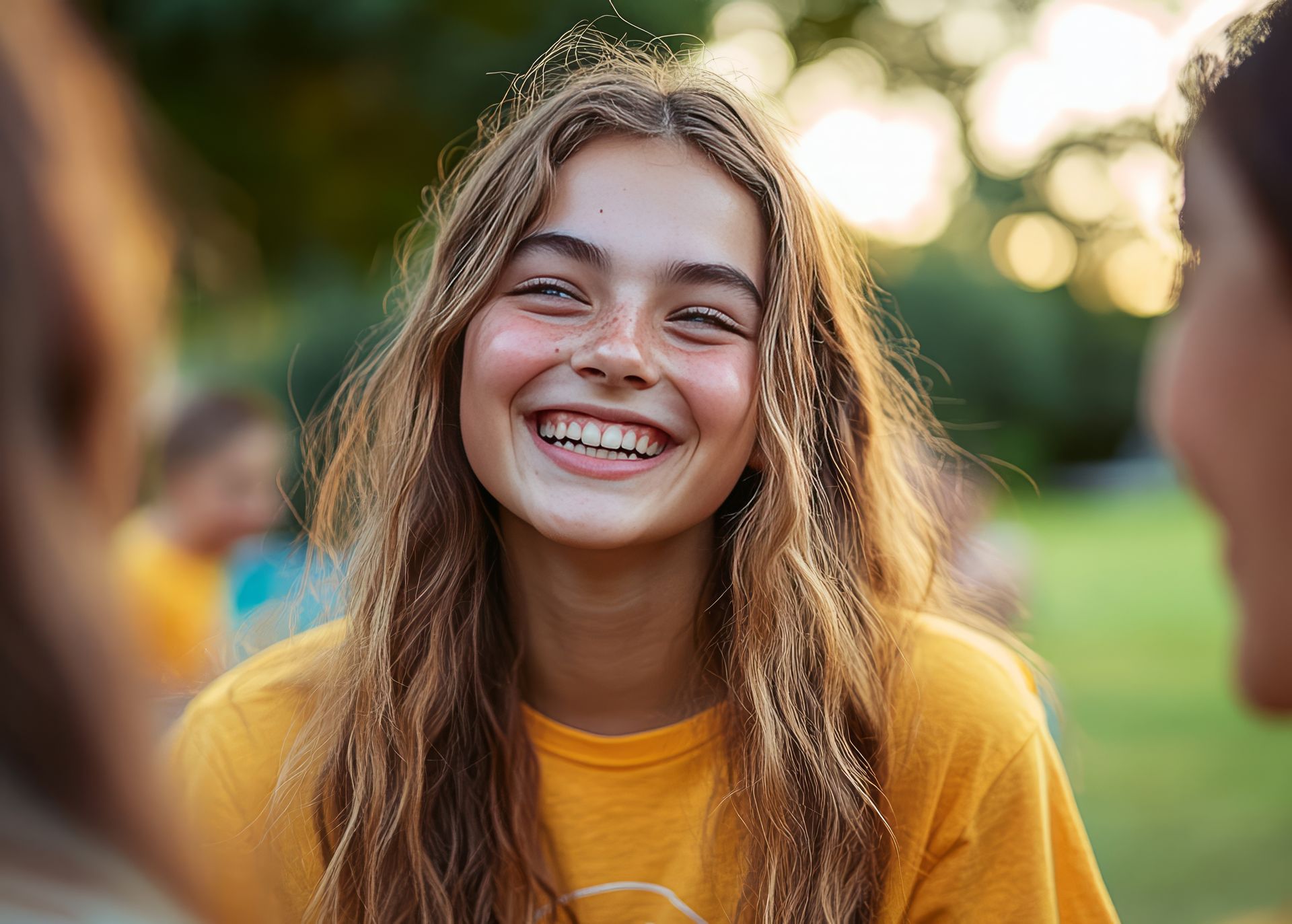 A young girl in a yellow shirt is smiling and looking at the camera.