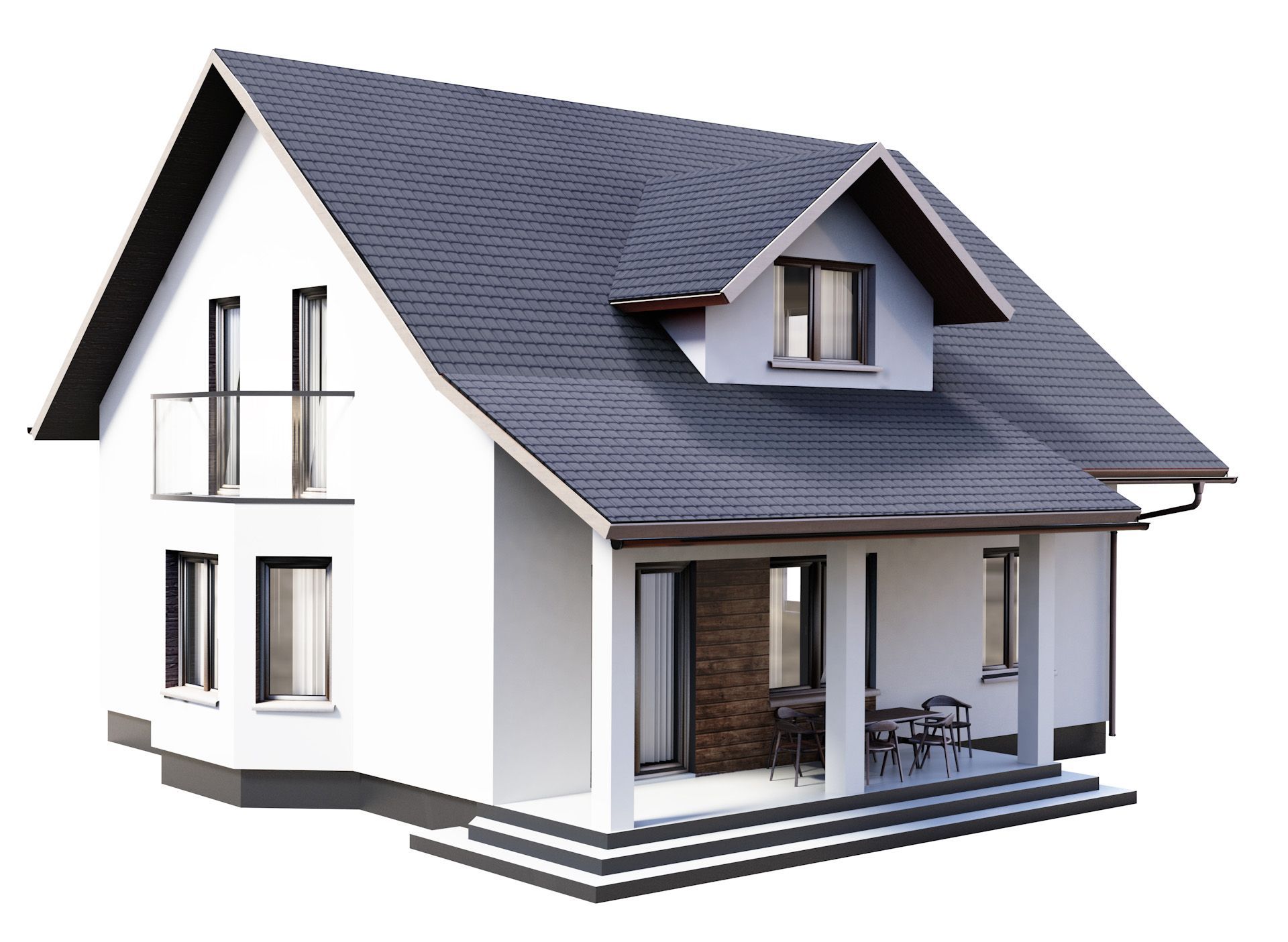 A white house with a black roof and a porch