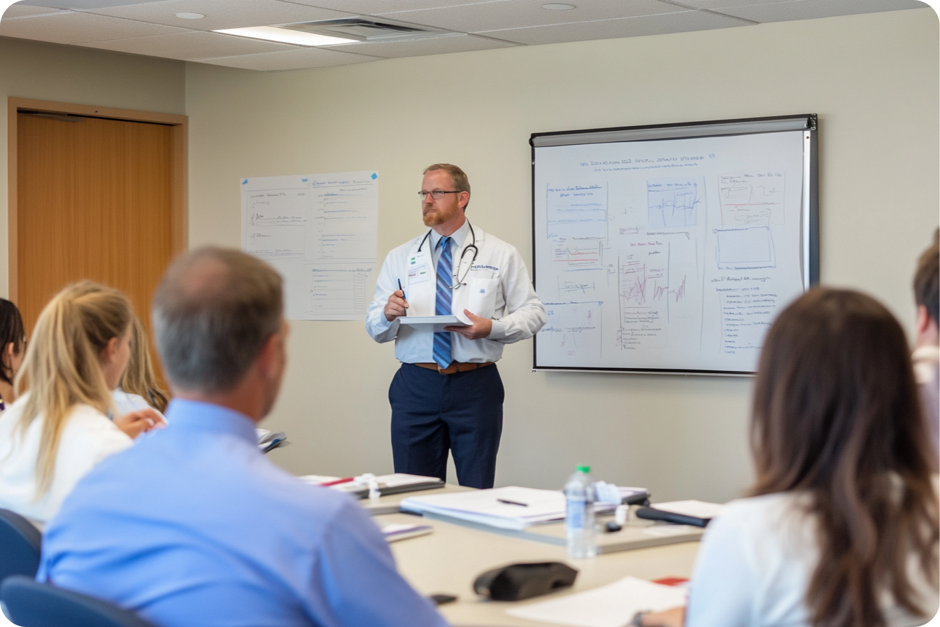 A confident healthcare leader conducting a compliance training session.