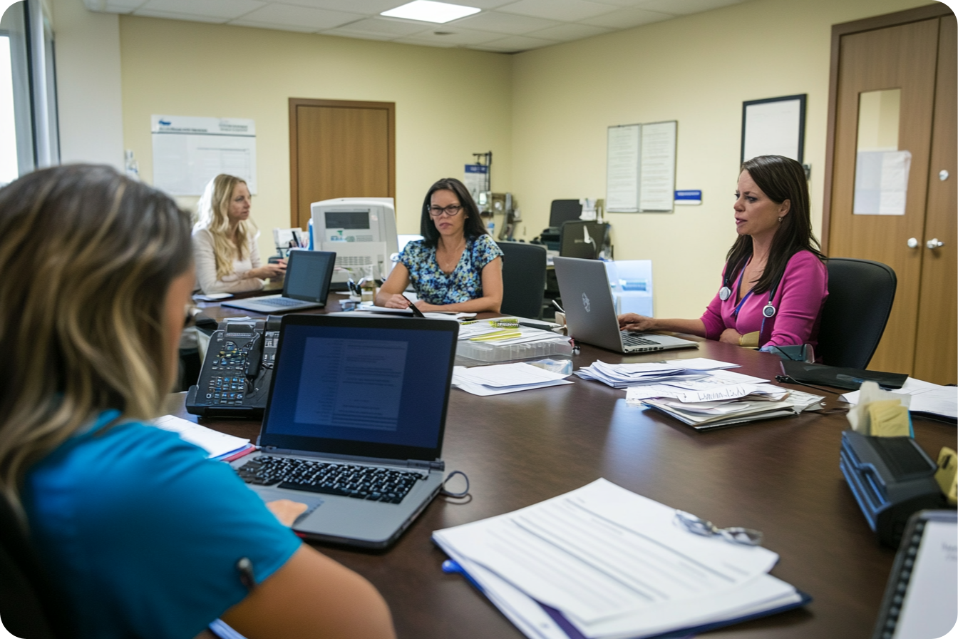 A team of healthcare professionals in a meeting, discussing strategies.