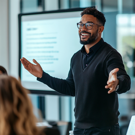 Smiling behavioral healthcare trainer standing in front of a presentation screen, engaging with an audience.