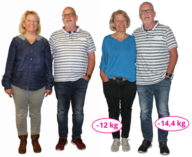 Gewichtsverlust im Vorher-Nachher-Vergleich. Ein Paar in Freizeitkleidung zeigt einen deutlichen Gewichtsverlust; die Gewichtsverlustzahlen sind angegeben.