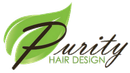 A logo for purity hair design with a green leaf
