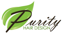 A logo for purity hair design with a green leaf