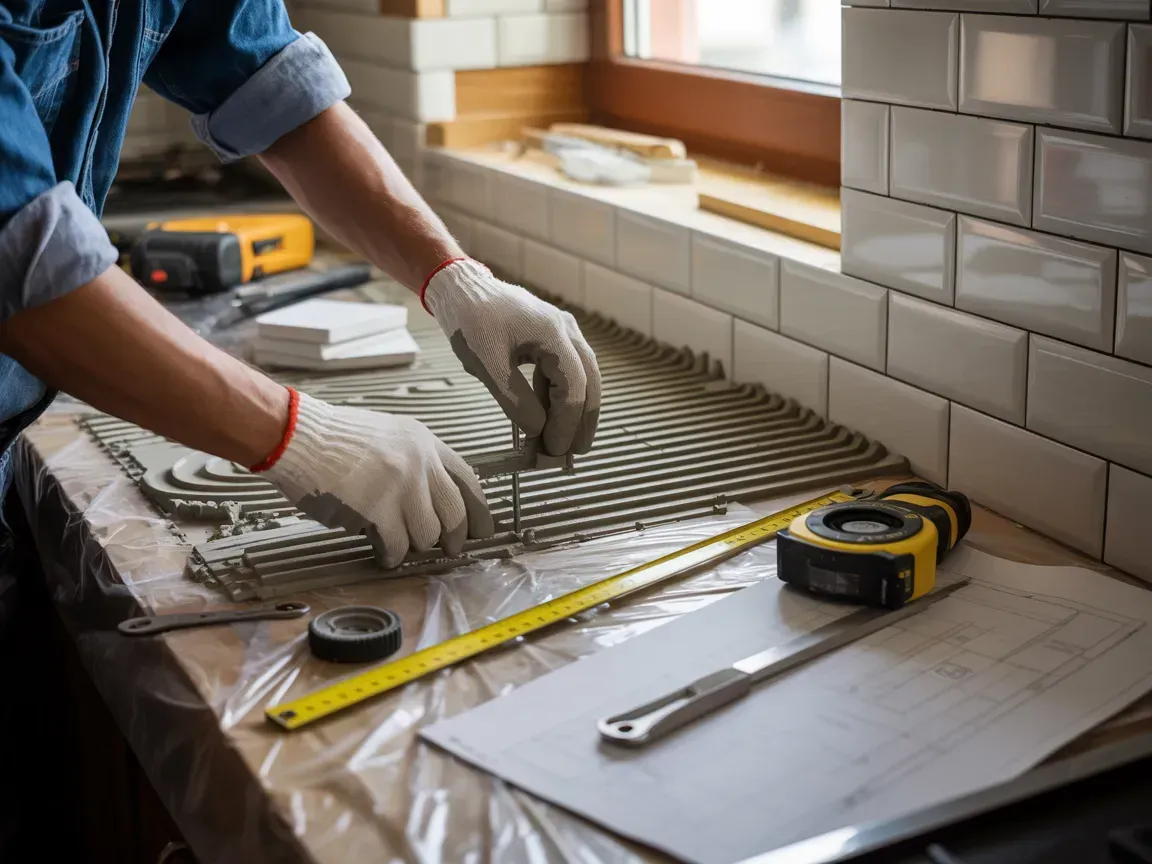Person wearing gloves assembling metal grate on a counter with tools, near tiled wall and window.