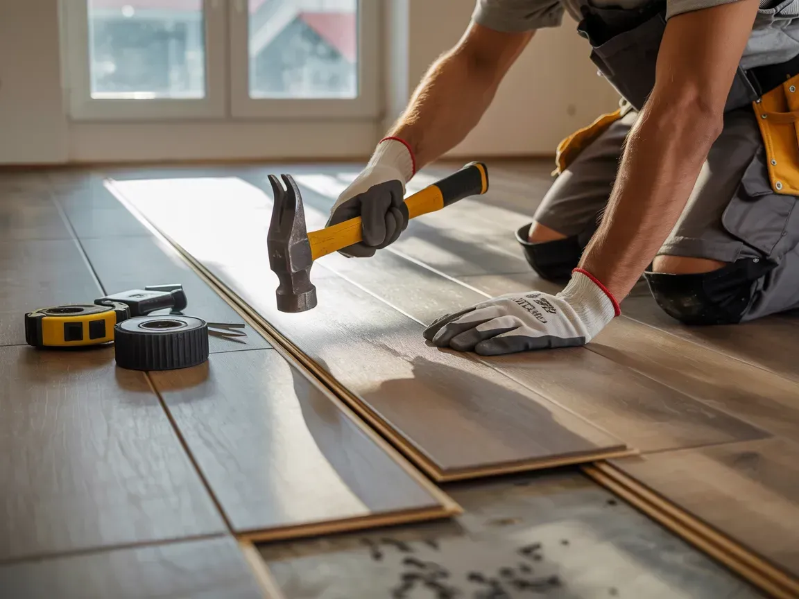 A worker is installing wooden flooring, using a hammer, wearing gloves, knee pads, and a tool belt.