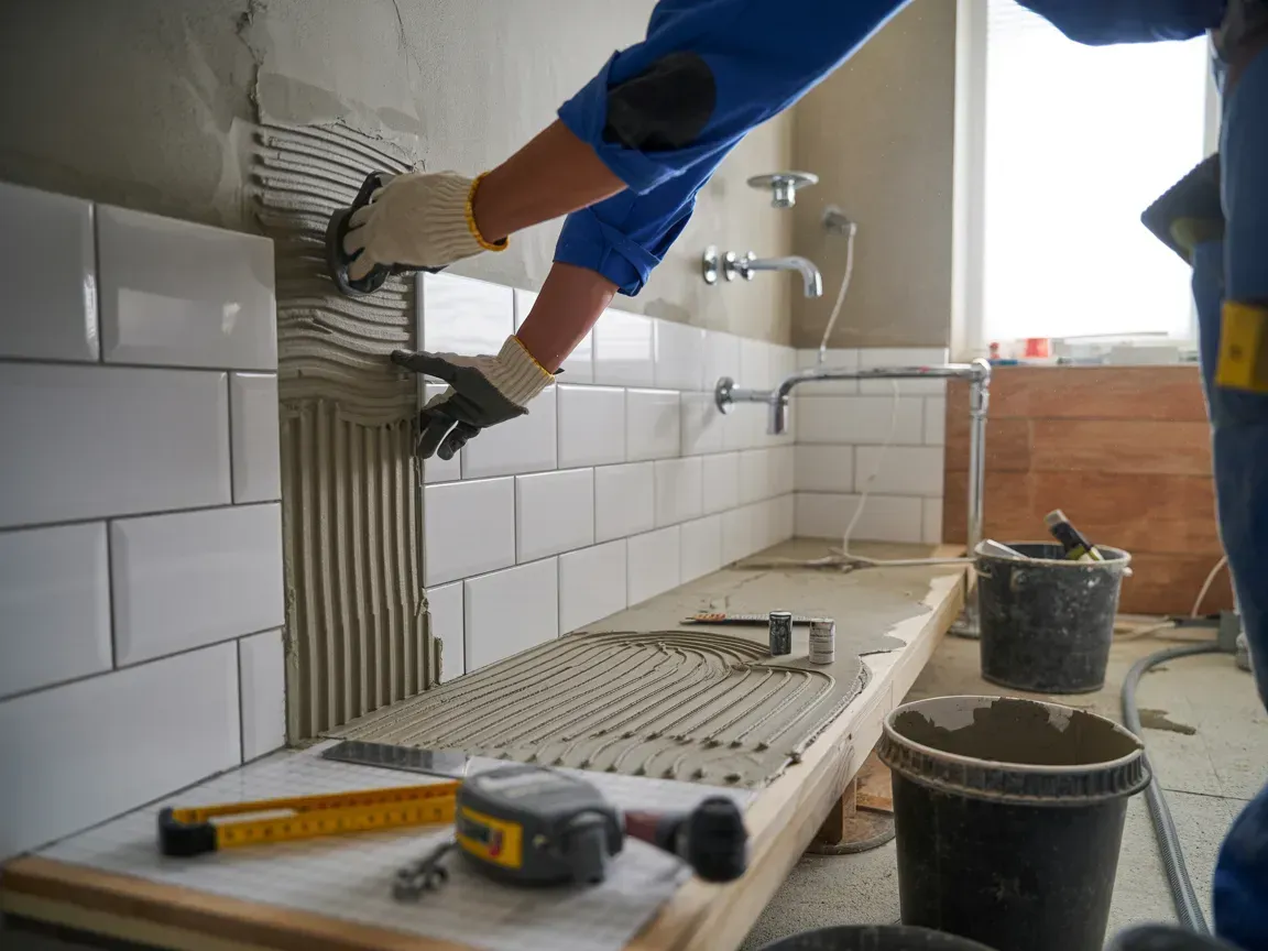 A person installing white subway tiles on a wall in a bathroom, with tools and buckets nearby.