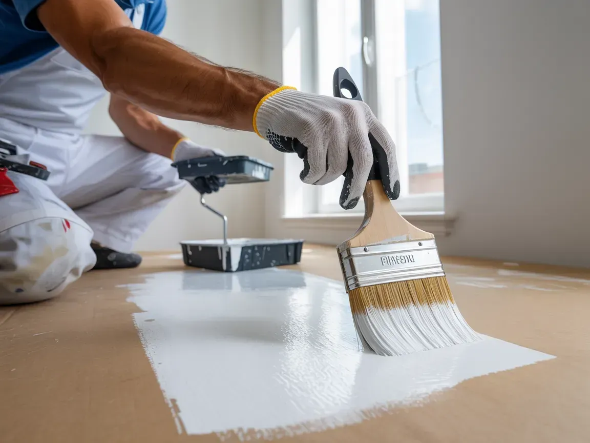 Person painting a floor white with a brush; roller and tray nearby.