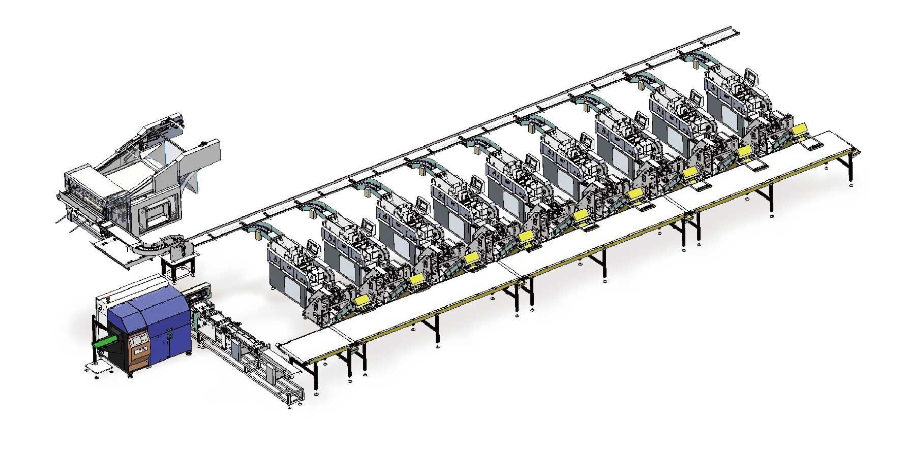 A drawing of a conveyor belt with a blue box in the middle.