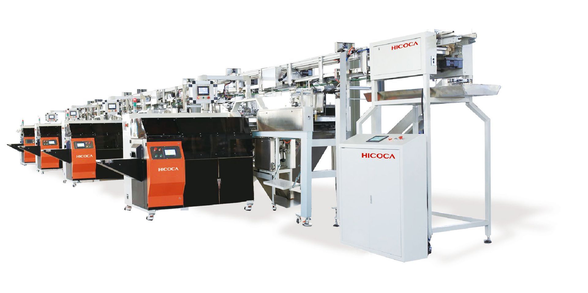 A row of machinery is lined up in a row on a white background.