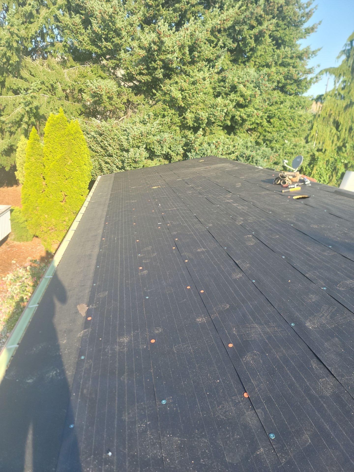 A black roof with trees in the background and a shadow of a person on it.