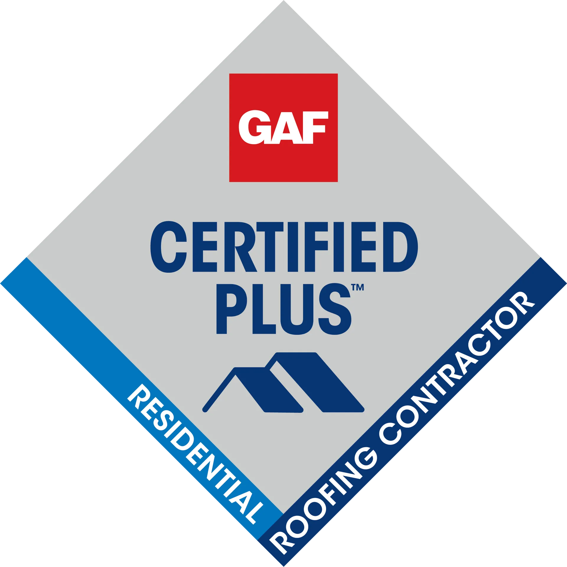 A badge for GAF certified plus residential roofing contractor