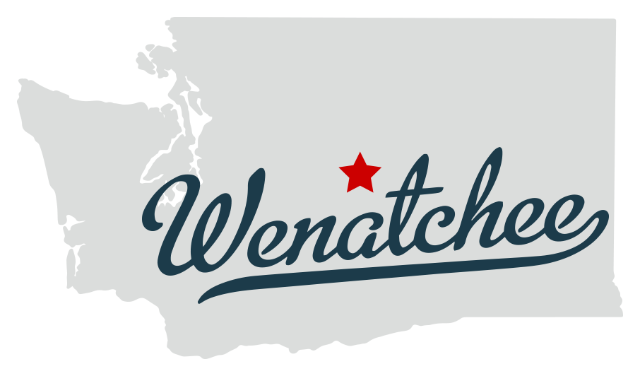 A map of the state of washington with the name wenatchee and a red star.