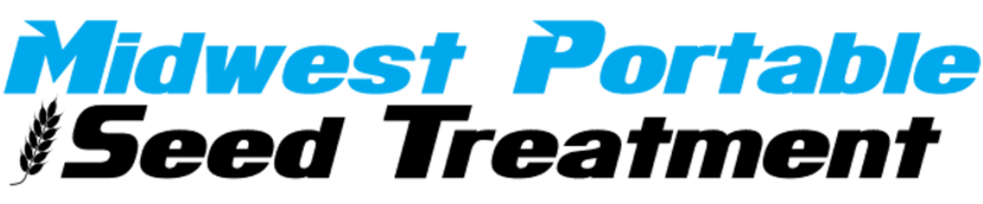 A blue and black logo for midwest portable seed treatment