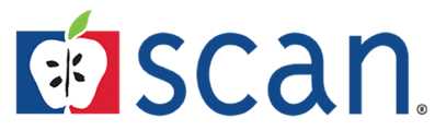 SCAN logo with a halved apple in blue and red squares, the word 