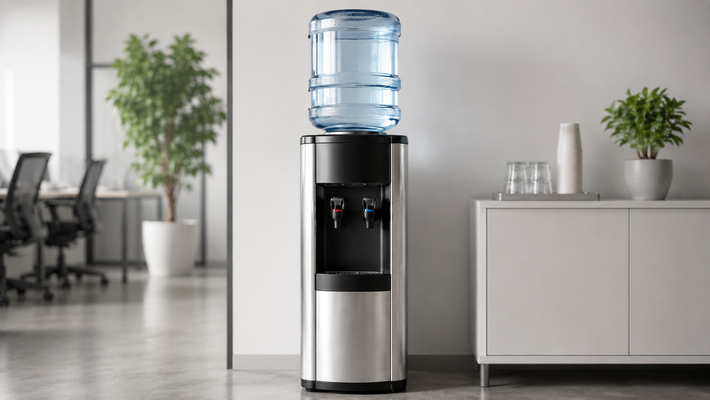 Distributore d'acqua con grande bottiglia blu in una moderna sala relax di un ufficio, accanto a un armadietto e una pianta in vaso.