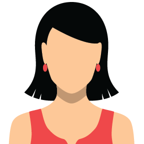 A woman with short black hair and red earrings is wearing a red tank top.