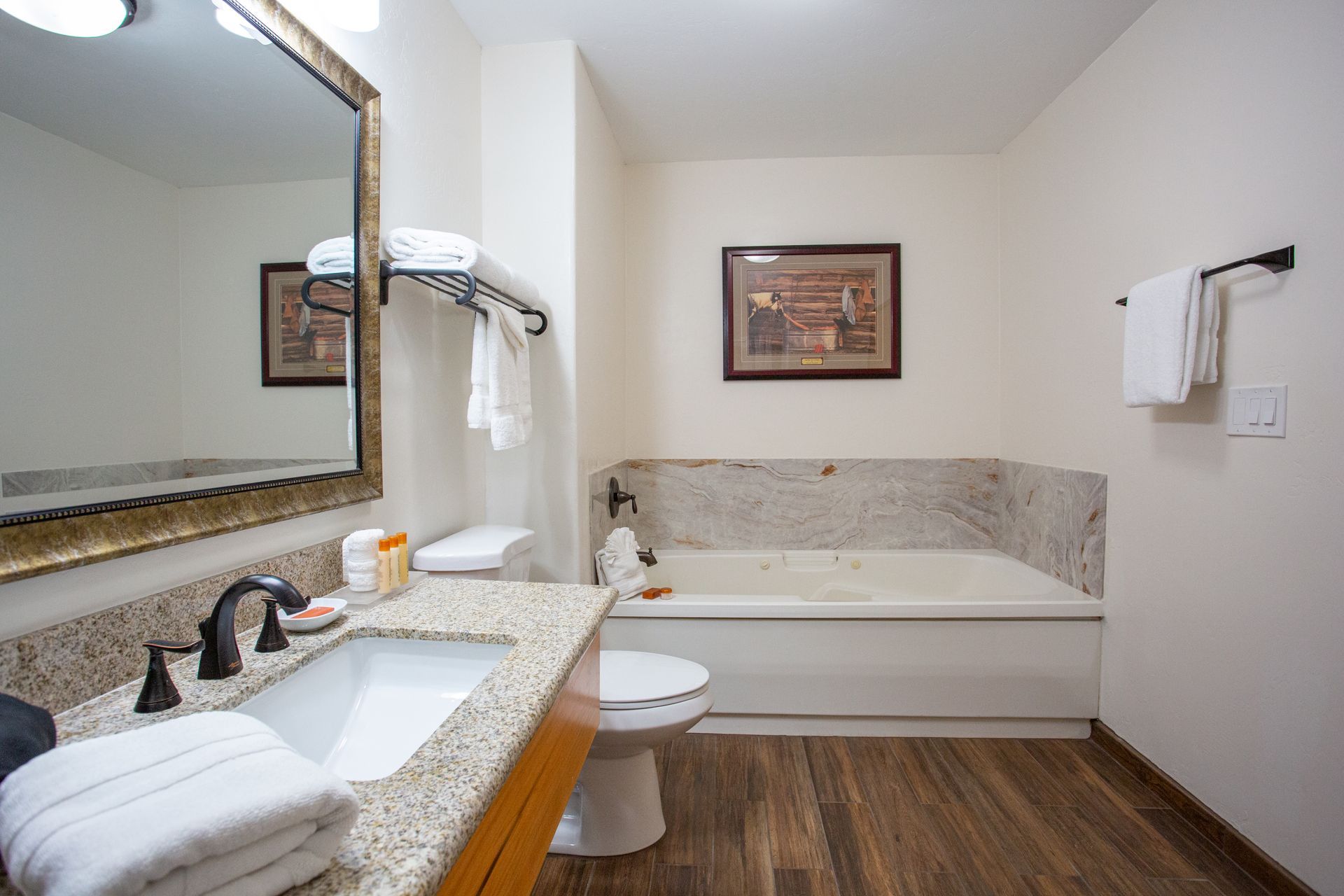 A bathroom with a sink , toilet , tub and mirror.