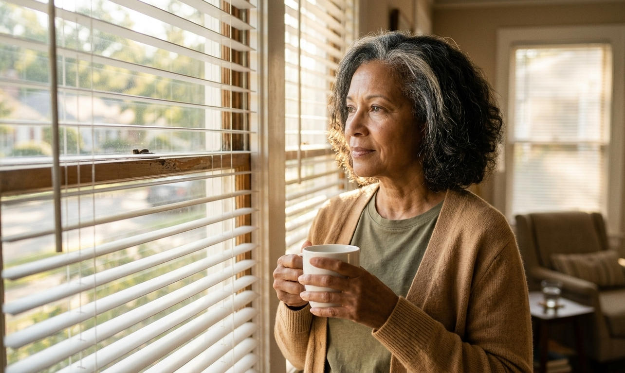 Woman holding coffee gazing out of window.