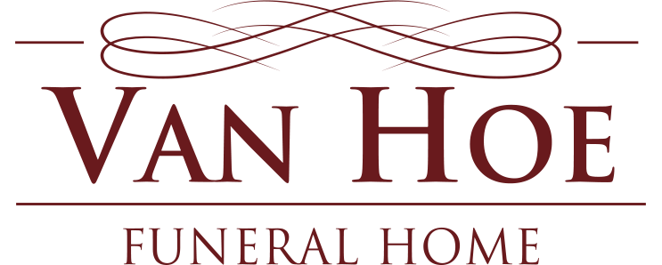 Van Hoe Funeral Home logo with script design and text.