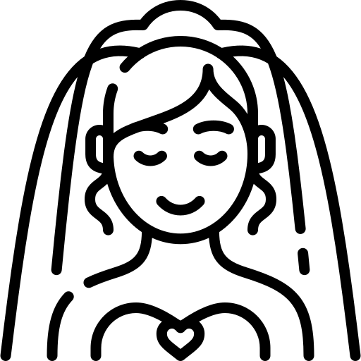 Bride with closed eyes, wearing veil and a dress with a heart-shaped neckline.