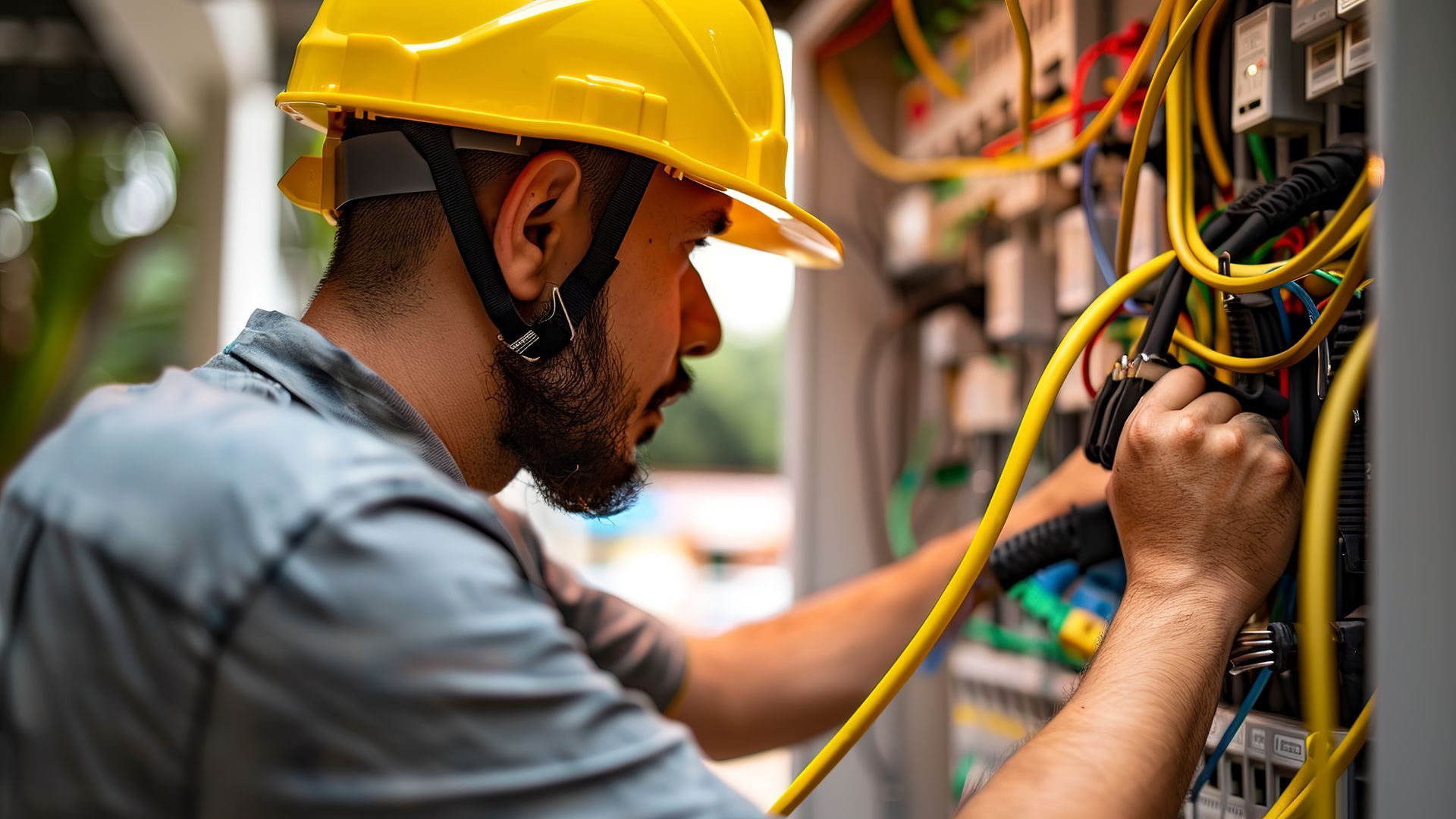 A man wearing a hard hat is working on a electrical box.