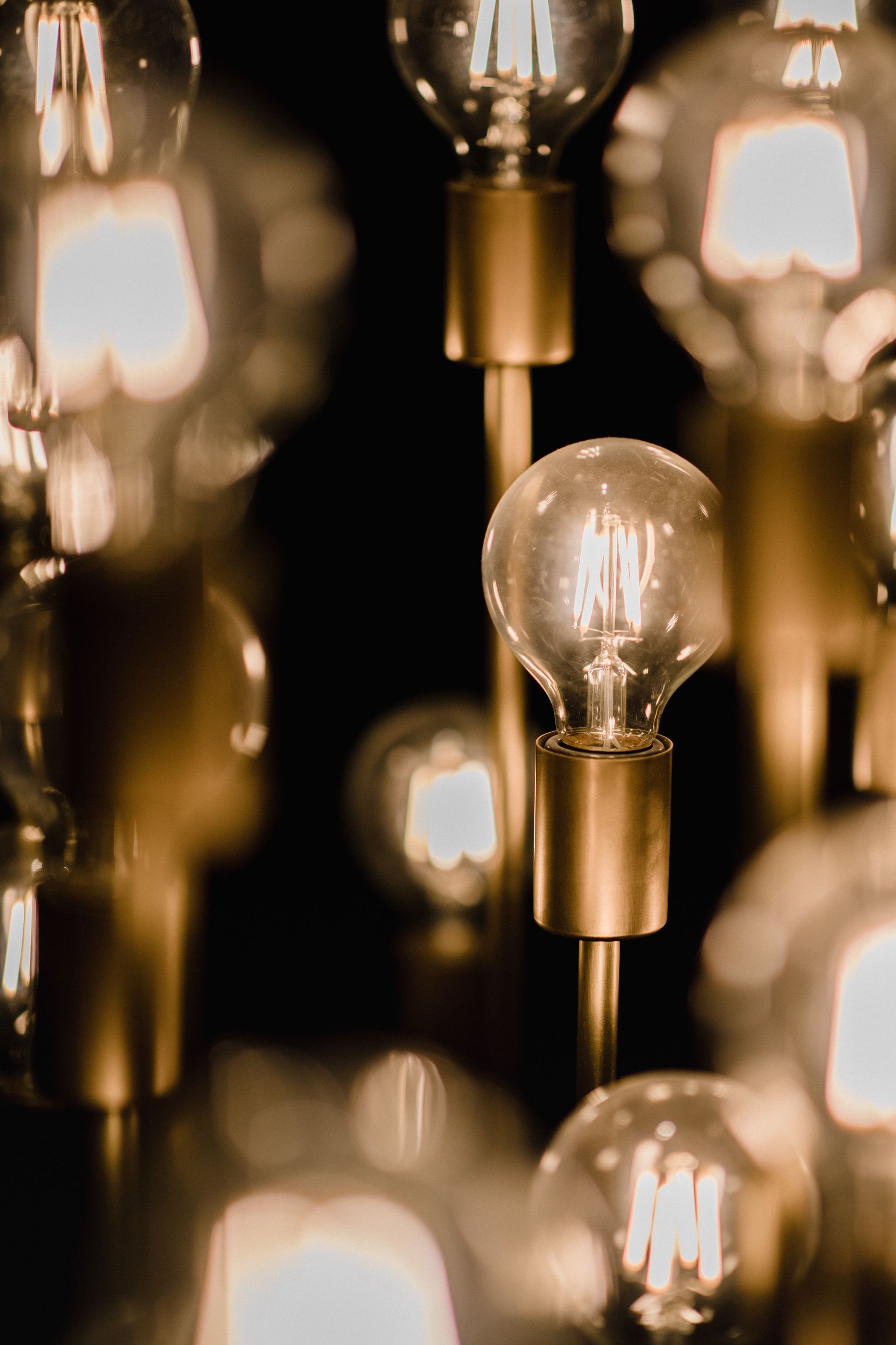 A bunch of light bulbs are lit up in a dark room.