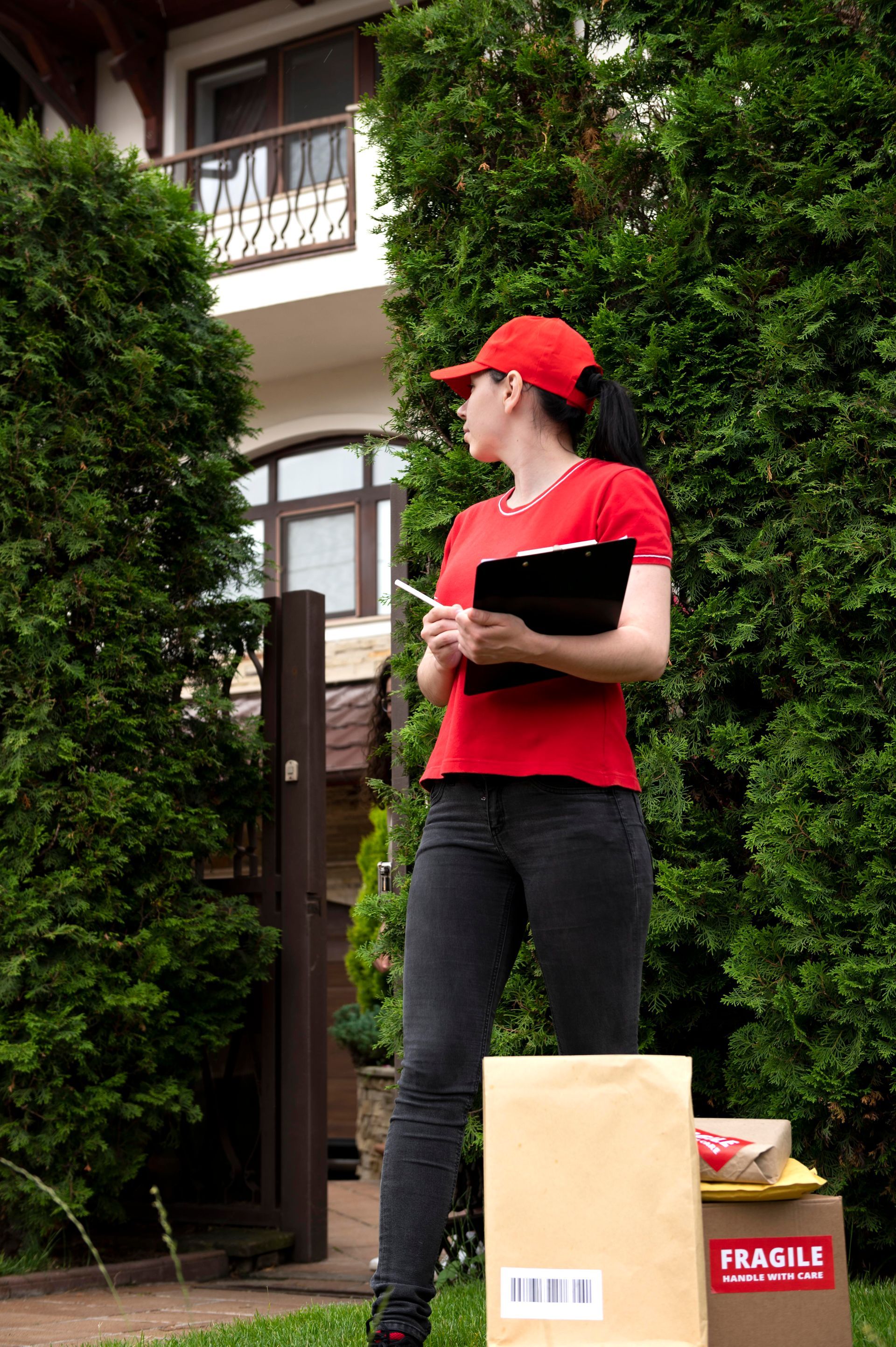 A delivery woman is standing in front of a house holding a clipboard.