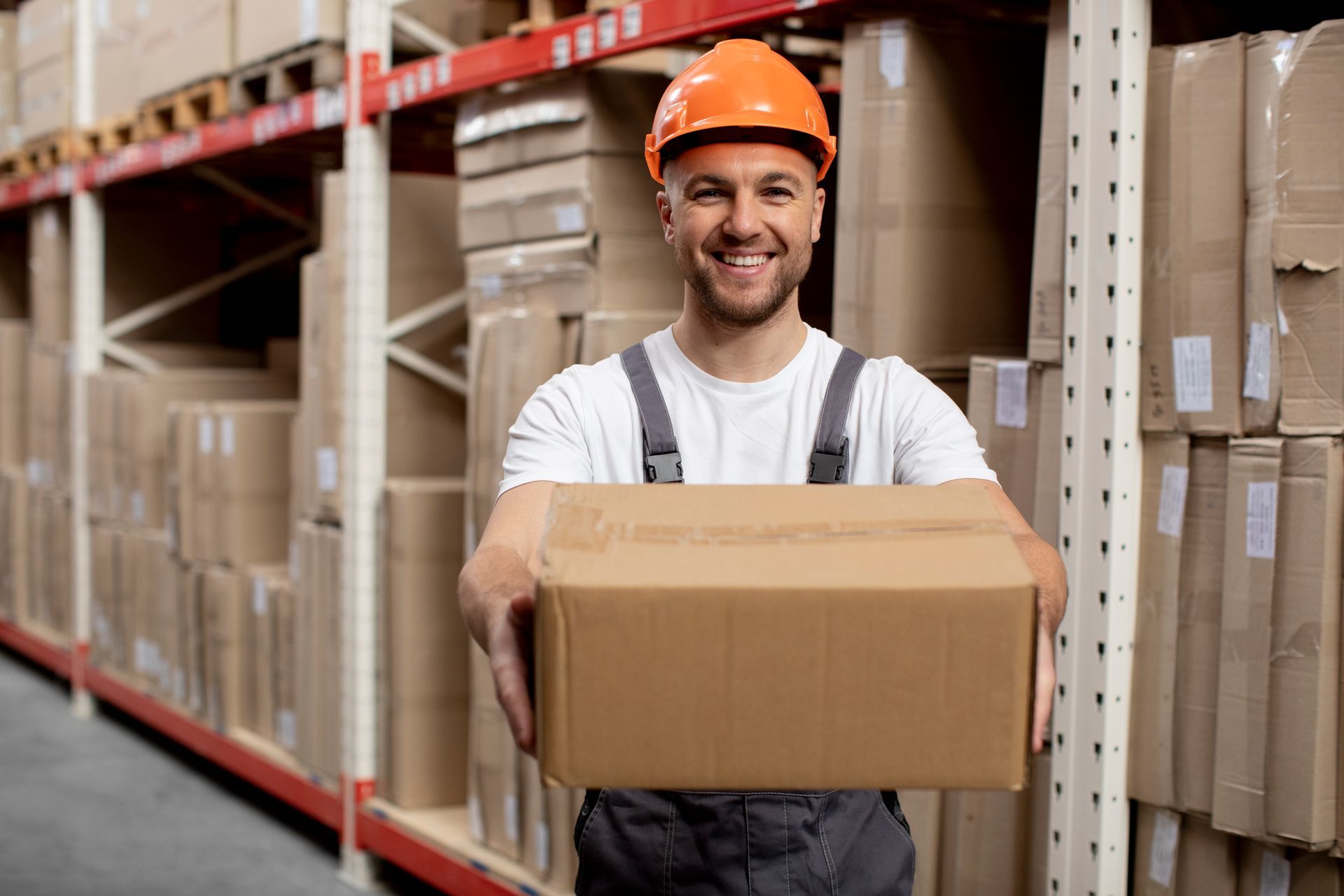 A man is holding a cardboard box in a warehouse.