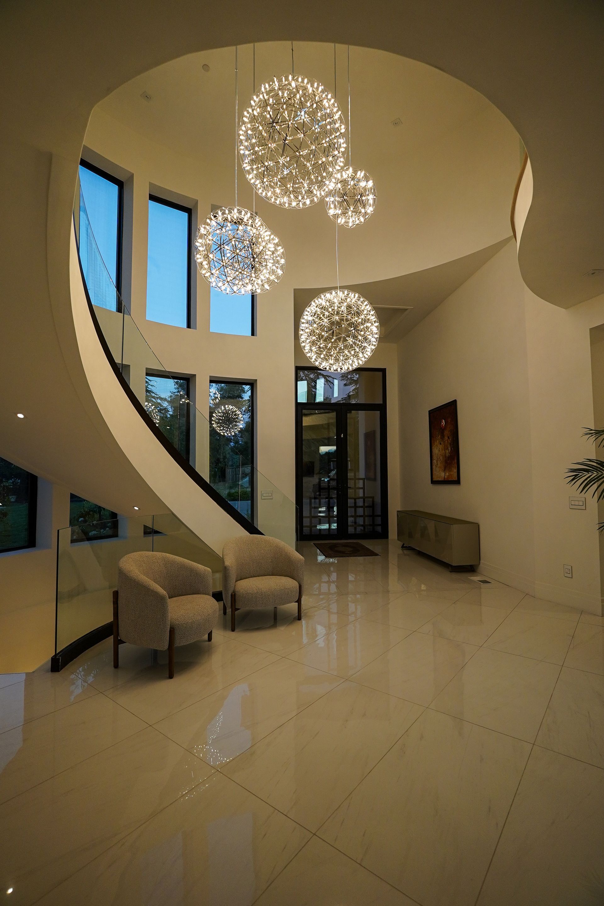 There is a spiral staircase in the middle of the room.