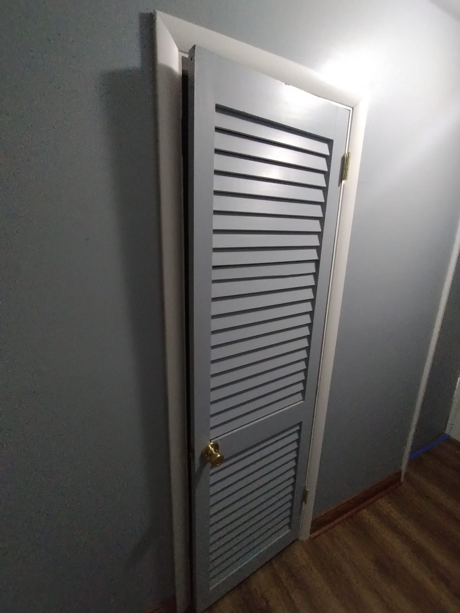 A door with shutters on it is in a hallway.