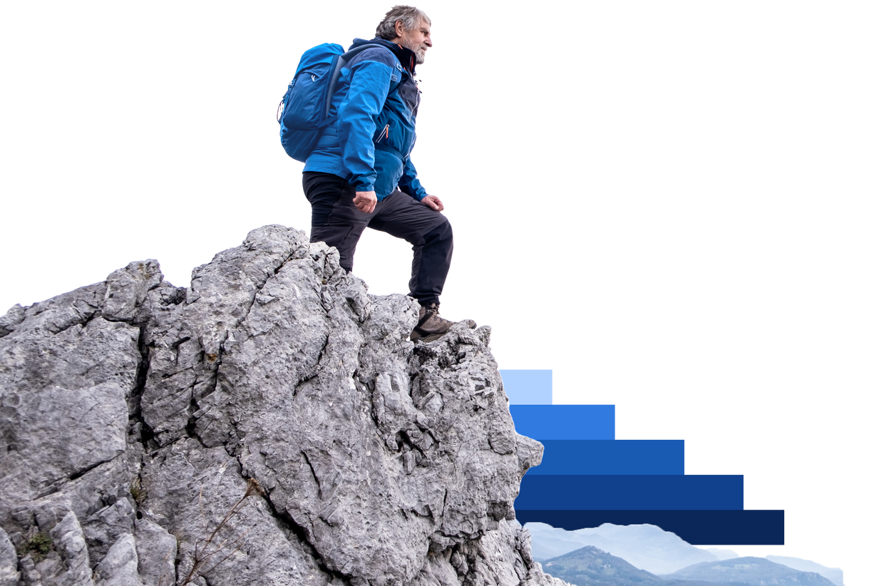 Investidor no topo de uma montanha, simbolizando segurança e estabilidade da renda fixa.