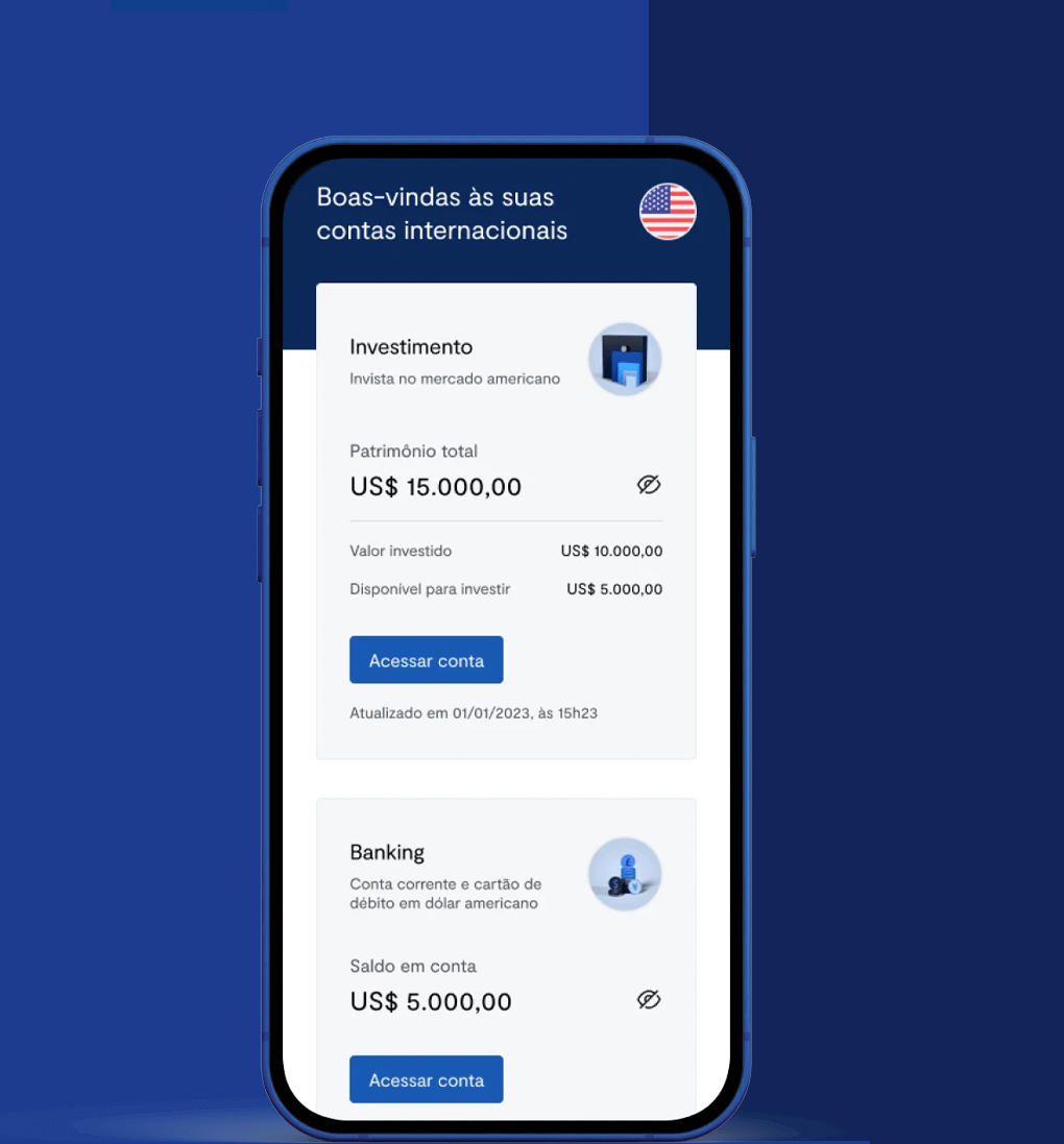 Aplicativo de conta internacional do BTG Pactual e câmbio exibido no celular.