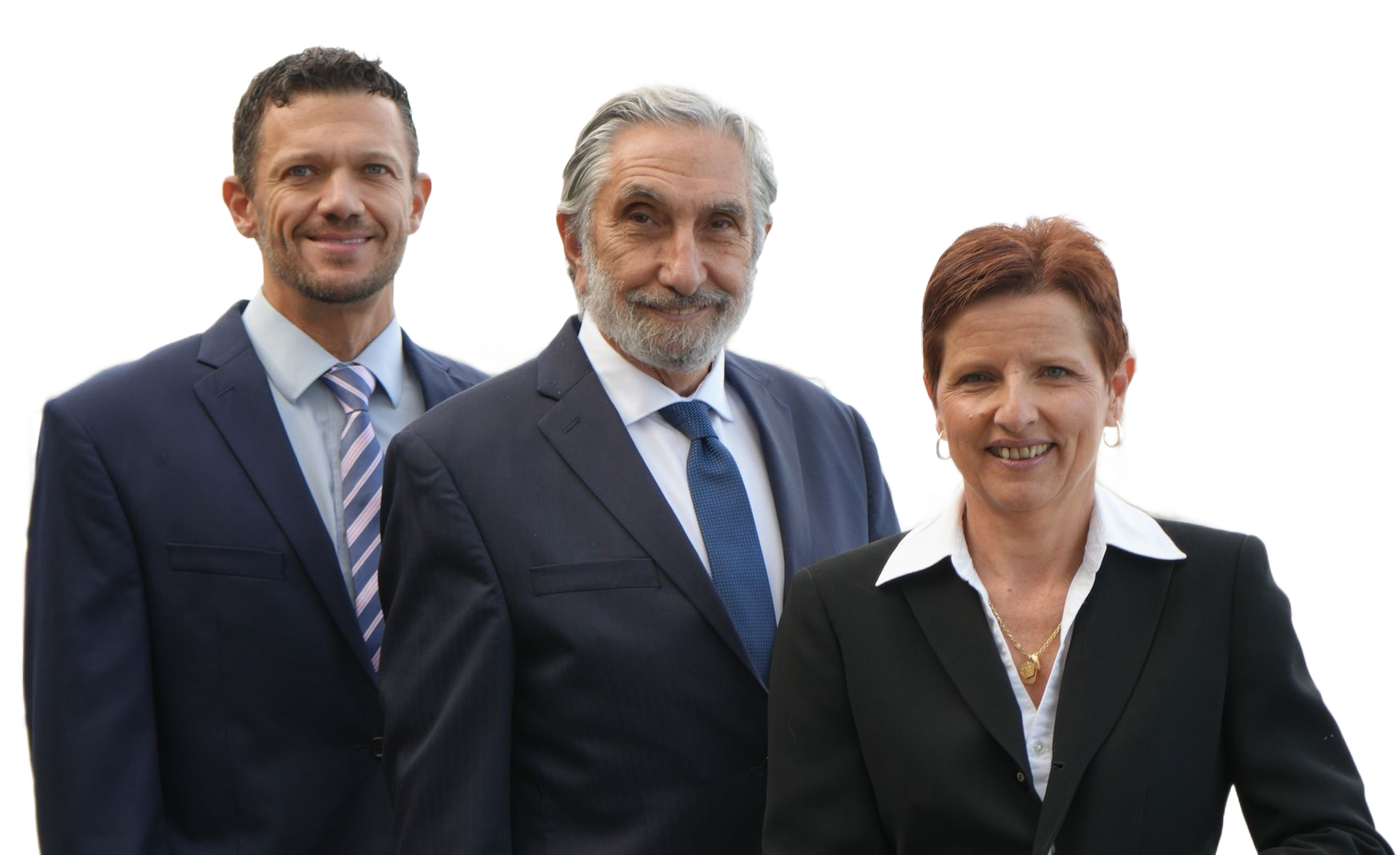 Three professionals in business suits stand together in a row against a plain white background.