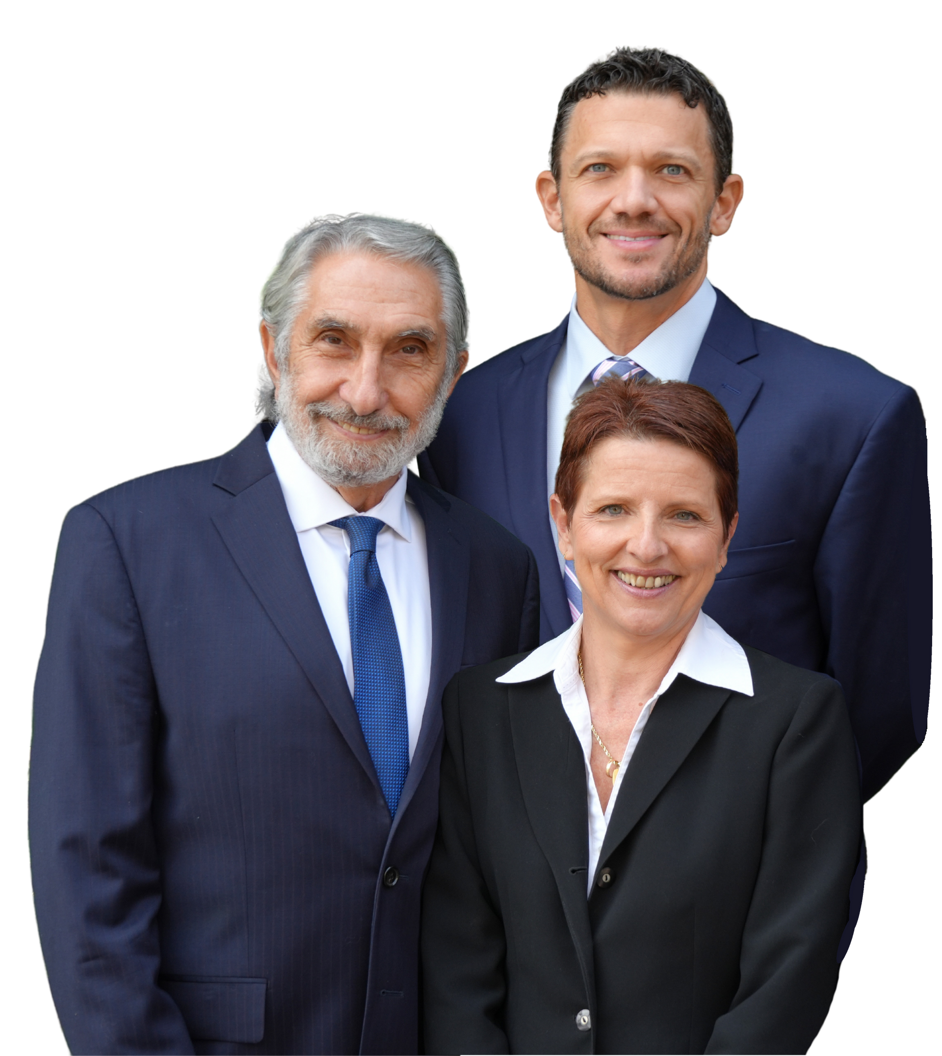 Three professionals in business suits stand together in a row against a plain white background.