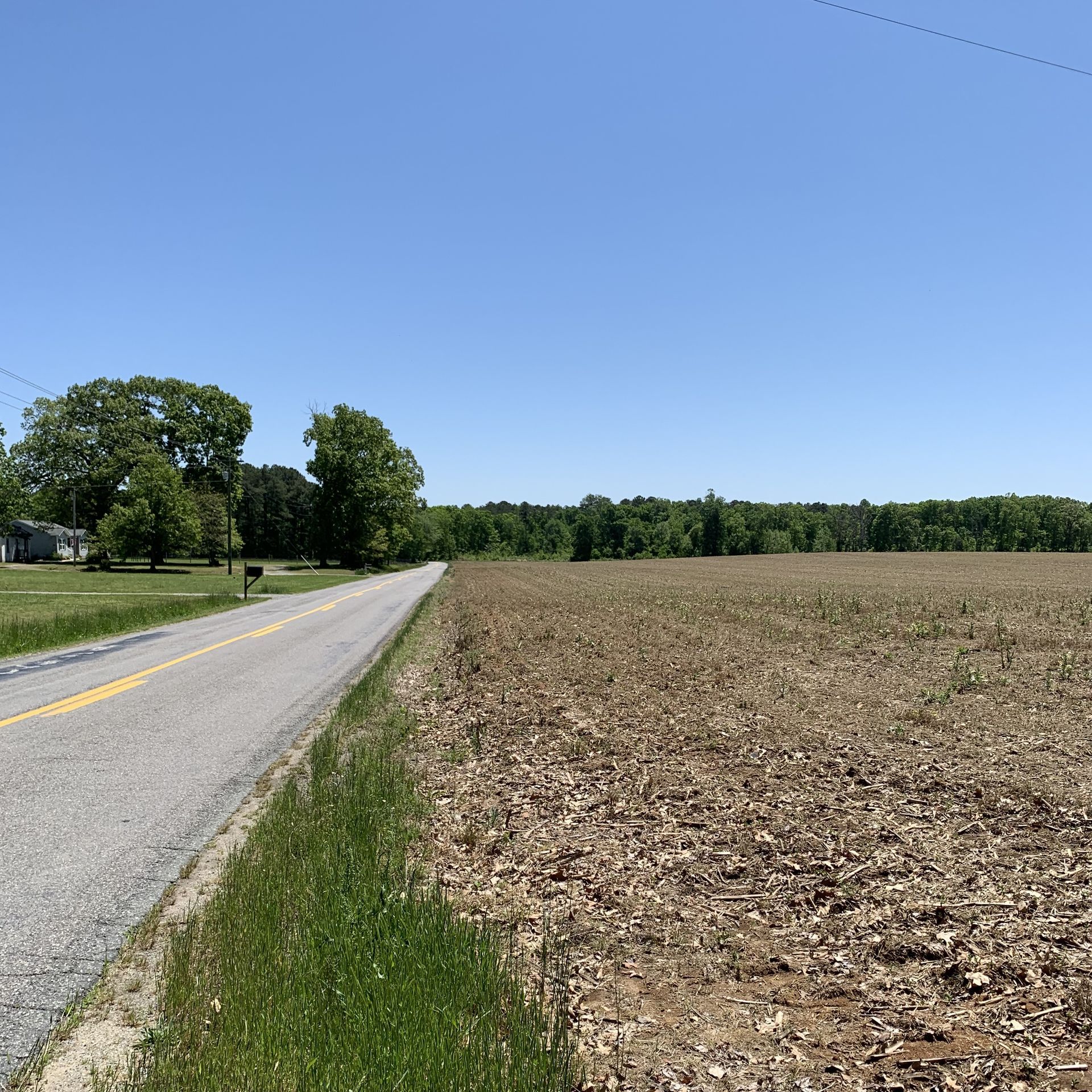 A rural road beside a brown field under a clear blue sky, trees and houses in the distance.