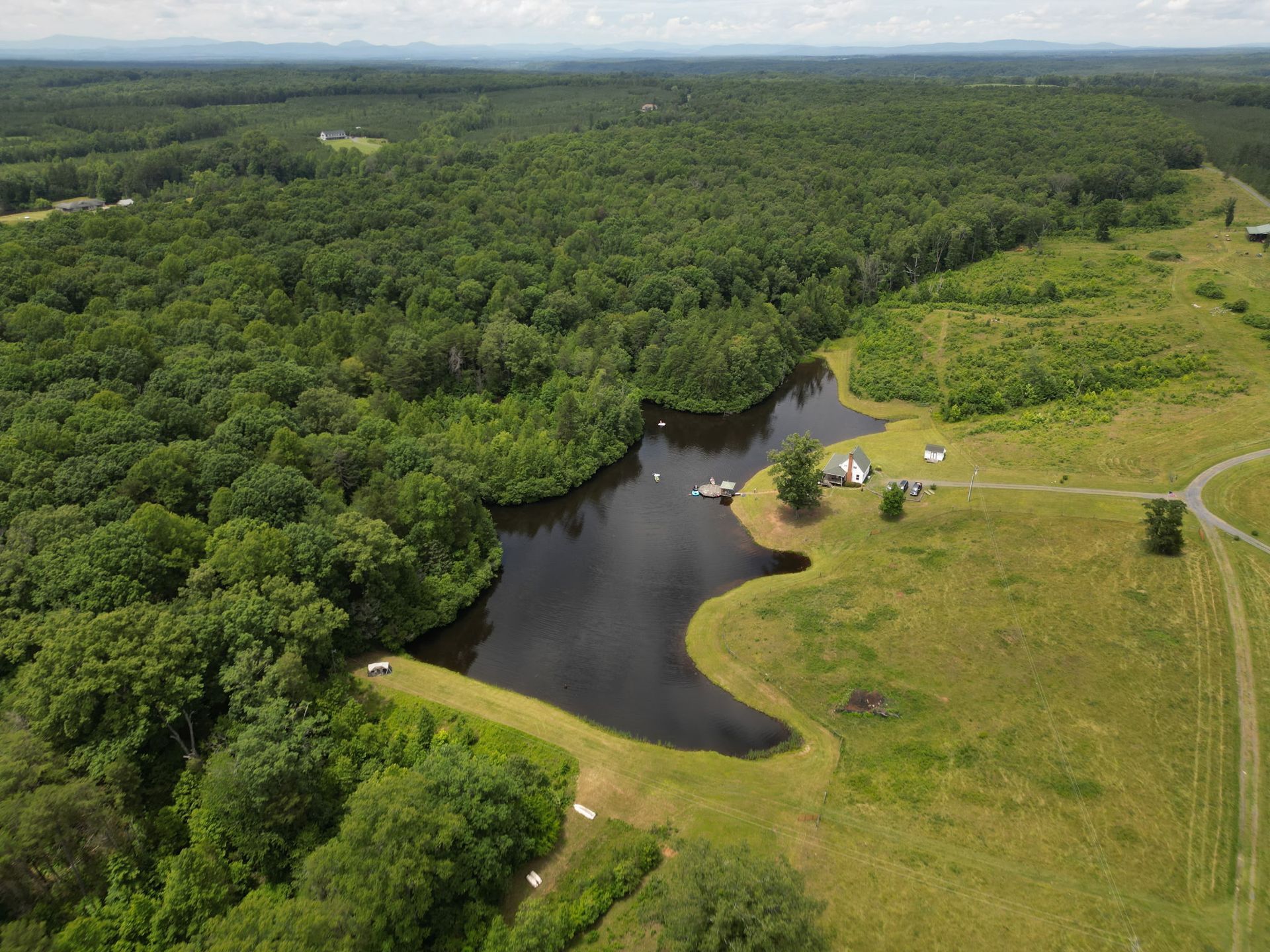 Aerial view: Dark lake borders a forest and open grassy field, with a few small buildings.